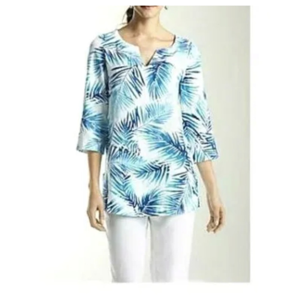 J Jill Top M Aqua Blue Palm Tree Tropical Linen Beach Cruise